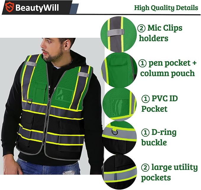 5 Pack Custom Safety Vest Customized Logo Mesh Vest Class 2 High Visibility Reflective Vest with Pockets Workwear（Green Black，L ）