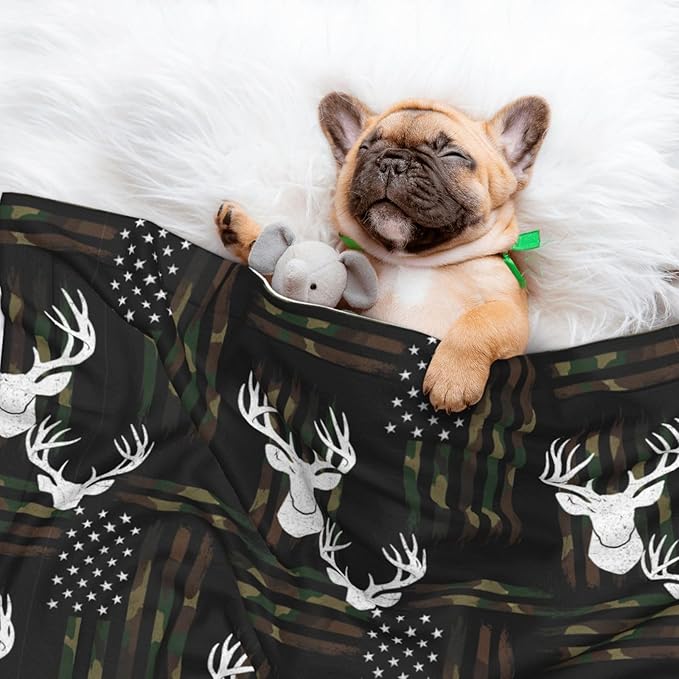 Pet Blanket for Car Rides Vet Visits, Deer Camo Camouflage American Flag Hunting Black, Two Sided Reversible Plush Design with Bumpy Dot Side Offers Comfort Home Piece On Go Travel