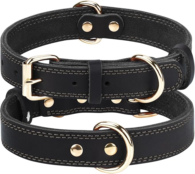 Joytale Genuine Leather Dog Collar for Large Dogs, Heavy Duty Thick Solid Leather for Power Breeds, Sturdy Adjustable Pet Collar with Metal Pin Buckle, Durable for Daily Walking, Black, L