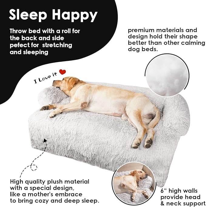 X-Large Washable Removable Calming Dog Bed,Fluffy Plush Dog Couch Bed,Couch Cover for Dogs with Dogs Landing Furniture Protector,Dog Beds for Extra Large Dogs and Cats.(XL(45x37x6),Light Grey)