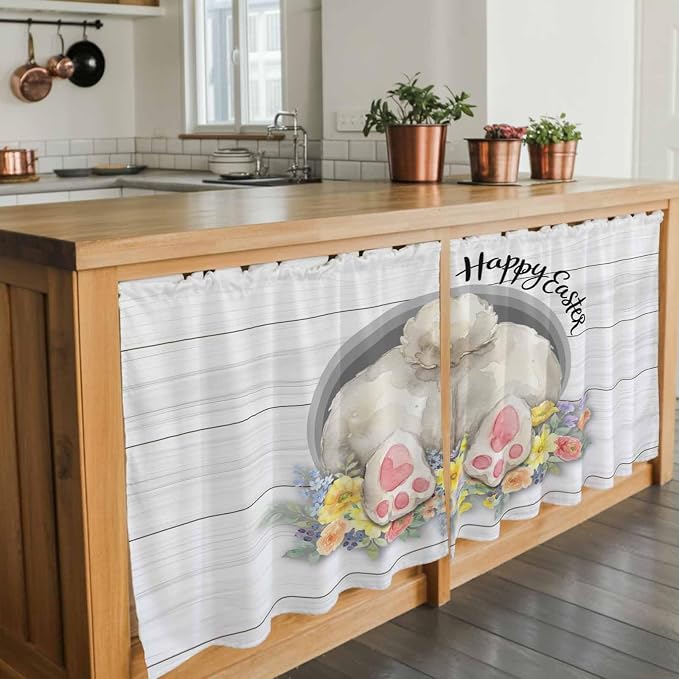 Easter Bunny Kitchen Tier Curtains 36 Inch Long 2 Panel Set, Rod Pocket Half