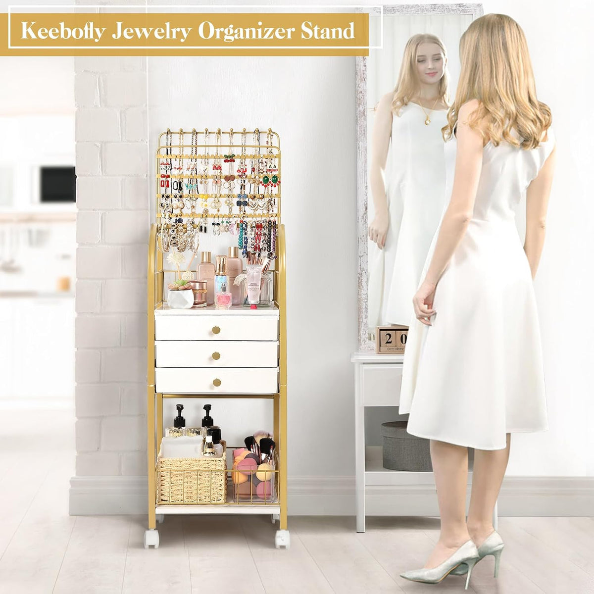 Keebofly Large Floor Jewelry Organizer Stand with 3 Drawers - Gold