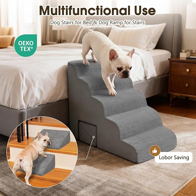 Dog Stairs for High Beds 20-24 inches Tall, 5-Step Dog Steps for Bed for Small Dogs, Doggie Ramp for Bed, 30D Foam Pet Stairs for Old Dogs/Cats for Bedsides Climbing, Free-Installation, Grey