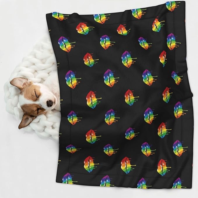 Reversible Pet Blanket for Easy Cleaning Maintenance, LGBT Gay Homosexual Lesbian Rainbow Lips Pride, Double Sided Plush Dot Design Means Double Use Between Washes for Convenience