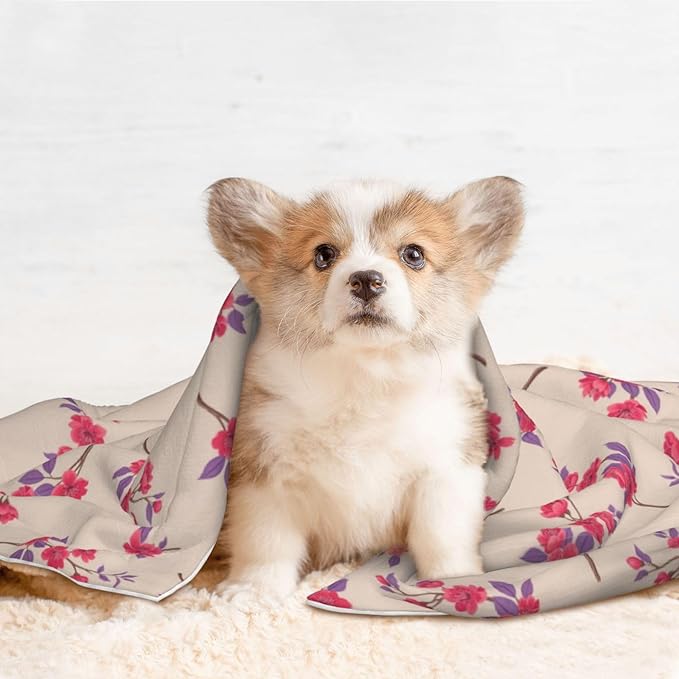 Reversible Plush Dot Pet Blanket for Dogs and Cats, Cherry Flower Seamless Flowers Pattern, Ultra Soft Two Sided Design with Warm Fuzzy Side and Smooth Side for Comfort
