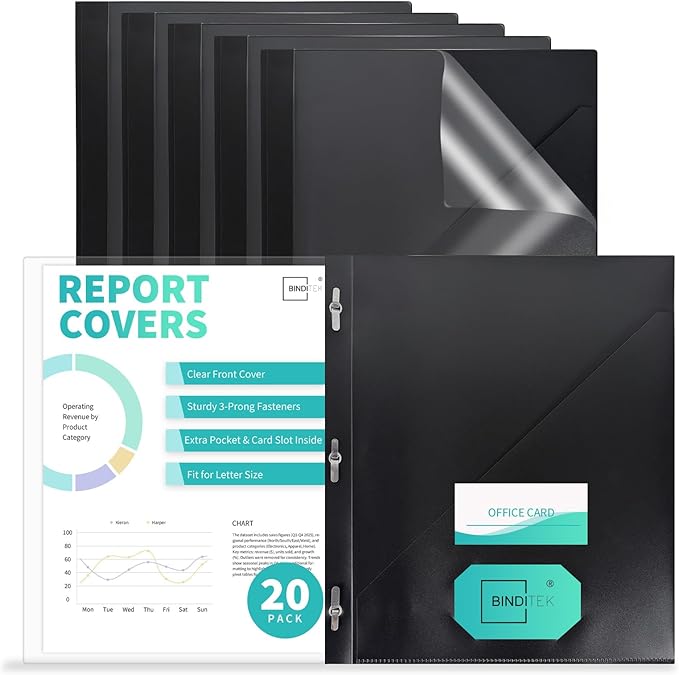 Binditek 20 Pack Clear Front Report Covers with 3 Prongs, 100-Sheet Capacity, Heavy-Duty Plastic Report Folder with Black Back Covers, 3 Metal Prongs Fasteners, Card Slot, for Letter Size