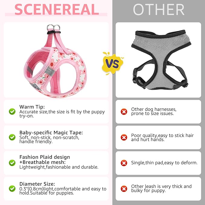 SCENEREAL Small Dog Harness and Leash Collar Set, Step in Soft Light Puppy Vest, Breathable Pet Harness for Small Sized Dogs, No Chock Reflective for Safe Outdoor Walking, Pink Flower M