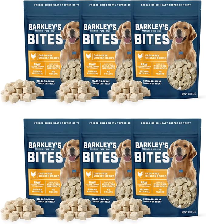 Barkley’s Bag Chicken Bites, Freeze Dried Dog Treats & Food Topper, Made with Chicken and Brown Rice, Small Bite-Sized Pieces for Training Rewards, for All Dog Breeds, Ages & Sizes, 4 Oz Bag (6 Pack)