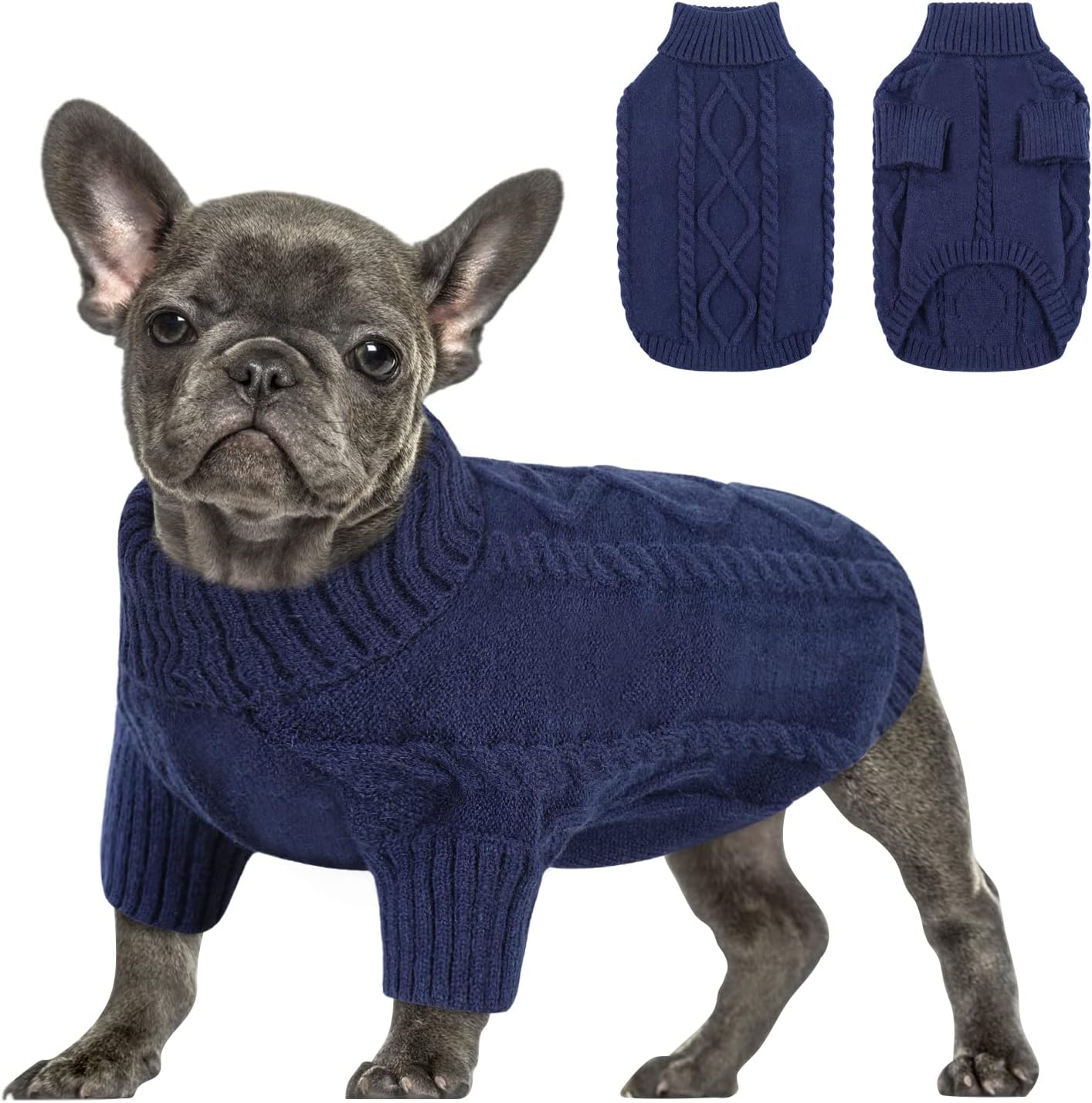 Queenmore Small Dog Pullover Sweater, Cold Weather Cable Knitwear, Classic Turtleneck Thick Warm Clothes for Chihuahua, Bulldog, Dachshund, Pug (Dark Navy, Medium)