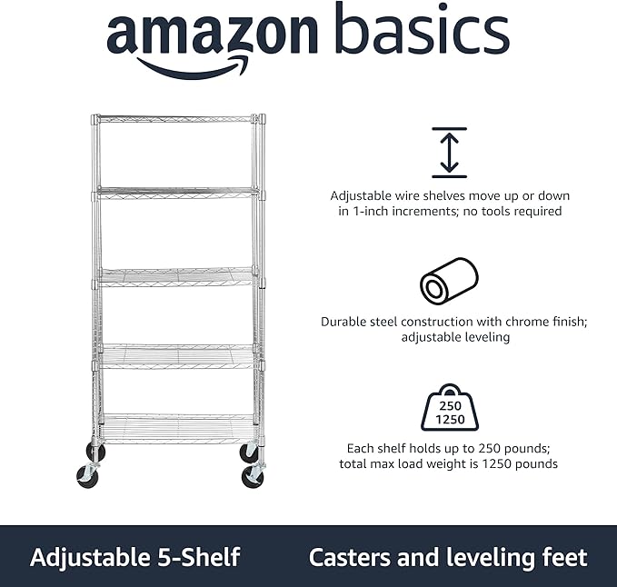 Amazon Basics 5-Shelf Adjustable, Heavy Duty Storage Shelving Unit on 4'' Wheel Casters, Metal Organizer Wire Rack, 30" L x 14" W x 64.8" H, Chrome