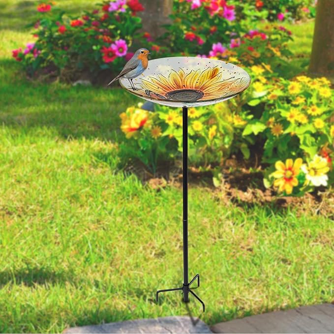 MUMTOP Bird Baths for Outdoors, Glass Birdbath Birdfeeder Bowl with Metal Stake for Outside Garden Yard Lawn Sunflower Butterfly Decor
