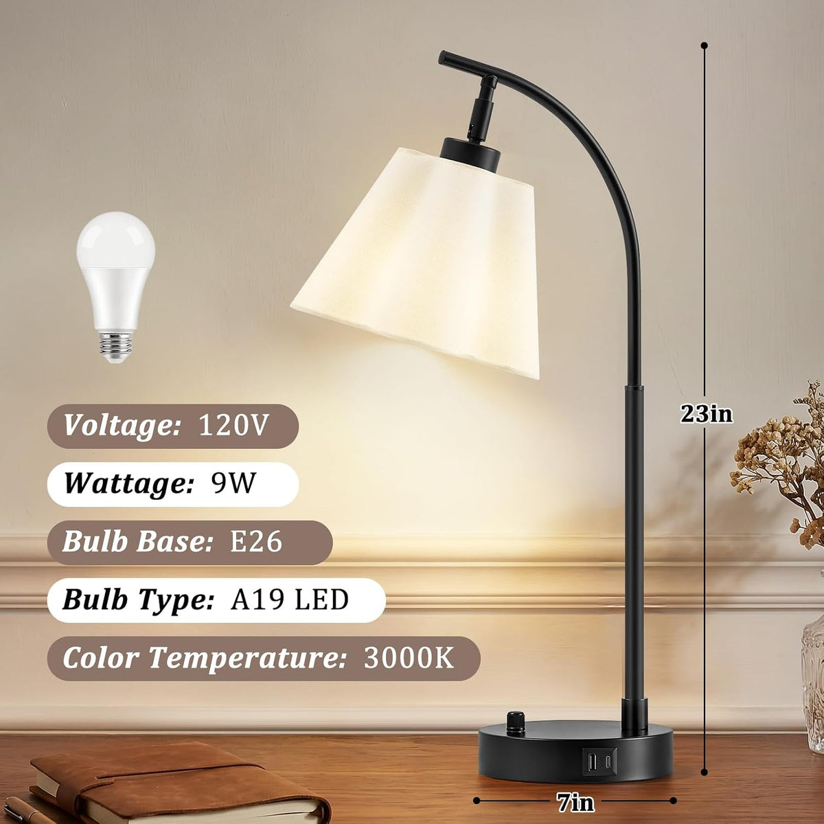 Table Lamps Set of 2, Stepless Dimmable Bedside Lamps with USB A&C Ports