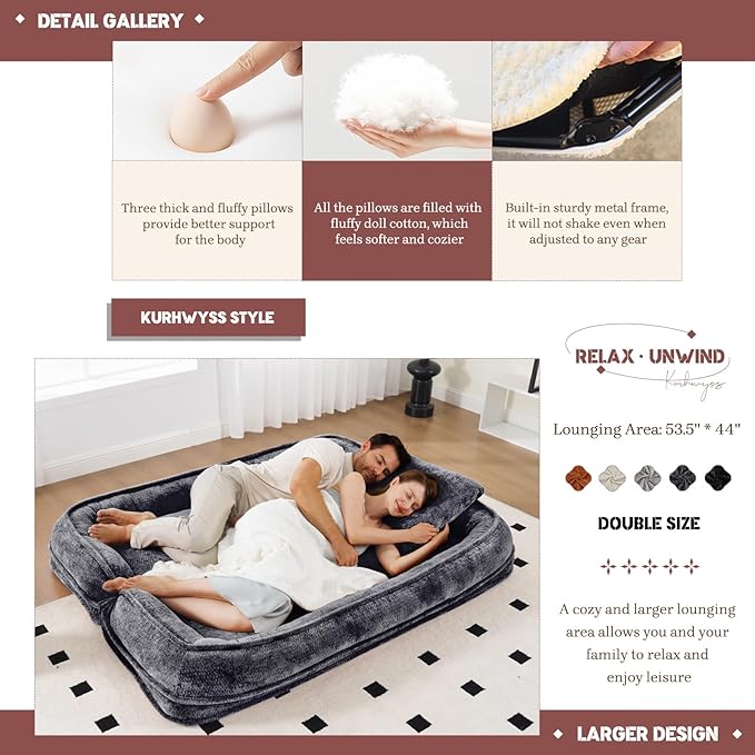 Extra Large Human Dog Bed for Adult & Pets, Convertible Floor Sofa Bed with 5 Adjustable Position, Lazy Couch Giant Bean Bag Lounge Chair Comfy Tatami with 3 Pillow for Bedroom Living Room (Dark Grey)
