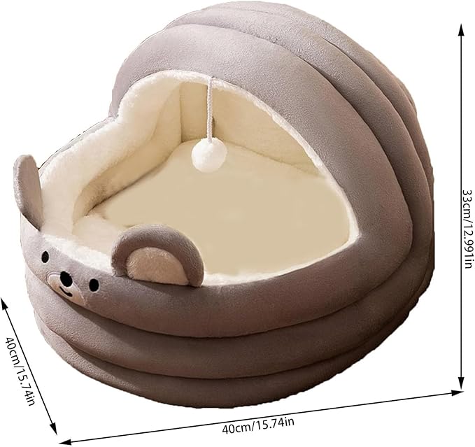 Cat Bed for Indoor Cats, Dog Bed with Anti-Slip Bottom, Rabbit-Shaped Cat/Small Dog Cave with Hanging Toy, Puppy Beds with Removable Cotton Pad, Super Soft Calming Pet Sofa Bed (Gray, Large)