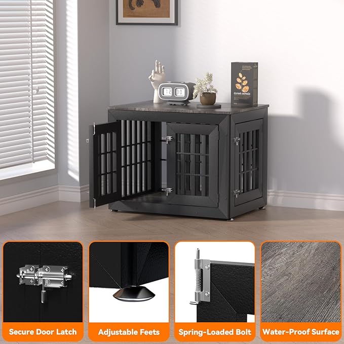 32" Heavy Duty Dog Crate Furniture for Small,Medium and Large Dogs,Rustic Wooden Dog Cage Kennel Indoor Furniture with Waterproof Top,Decorative Pet House Side End Table (Black & Grey)