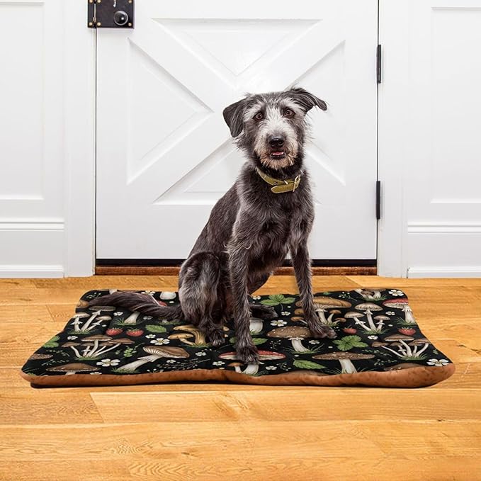 Emelivor Mushrooms Black Dog Cat Bed Washable Crate Pet Bed Anti-Slip Comfortable Dog Kennel Crate Mat for Indoor Small Medium Large Dogs,36x24in