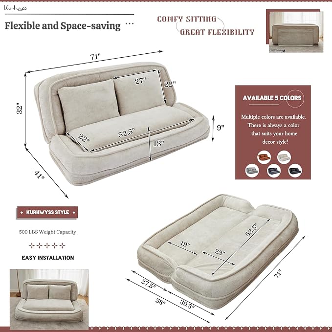 Extra Large Human Dog Bed for Adult & Pets, Convertible Floor Sofa Bed with 5 Adjustable Position, Lazy Couch Giant Bean Bag Lounge Chair Comfy Tatami with 3 Pillows for Bedroom Living Room (Beige)