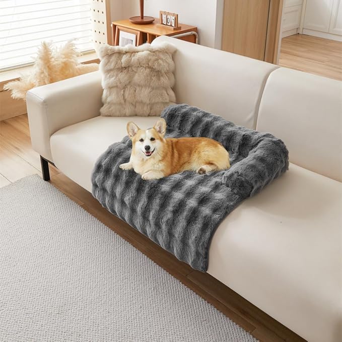 Calming Dog Bed Mat, Fluffy Fuzzy Couch Cover for Sofa, Winter Thickened Pet Mat with Anti-Slip Bottom Warm Soft Cushion Washable Pet Bed for Small Dogs and Cats (Gray, 90x90cm/35.4x35.4in)
