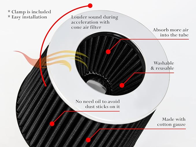 BLACK 6" 152 mm Inlet Truck Air Cone Replacement Performance Washable Clamp-On