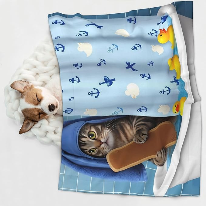 Waterproof Dog Blanket Soft Pet Blanket for Puppy, Fleece Cat Throw Blankets for Furniture Bed Couch Sofa Reversible - Funny Cat Taking a Bath