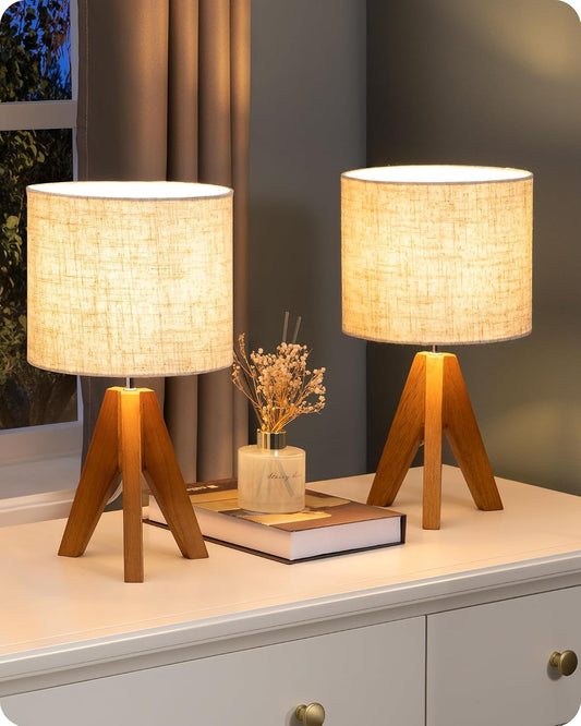 EDISHINE Small Table Lamp, Wooden Tripod Nightstand Lamp, 14.2", 2 Pack