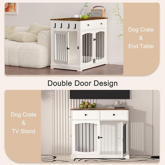 BREEZEHEAT 40 inch Dog Crate Furniture-Farmhouse Dog Kennel with Drawers-End Table Wooden Pet Crate, Double Door Design, Decorative Dog House Indoor for Small Medium Large Dog,Off White