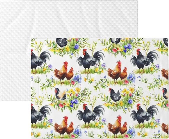 Pet Blanket for Travel and Home, Rooster Chicken Watercolor Flowers, Reversible Plush Dot Design with Soft Grip Texture on One Side Perfect for Car Seats Moving Vehicles