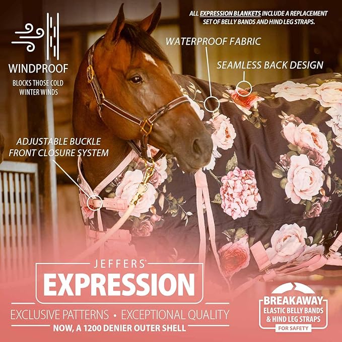 Jeffers Expression 1200 Denier Standard Neck Turnout Blanket, Rose Garden, 72" - Waterproof, Breathable Horse Blanket with 0g Polyfill, No insulation - Ideal Protection for Wind and Rain, Light Weight