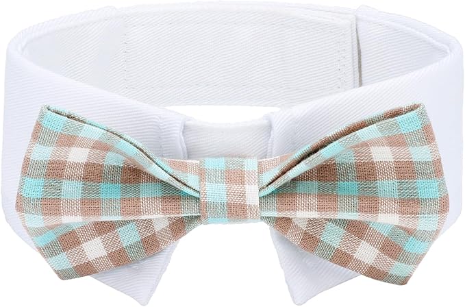 Segarty Dog Bow Tie Neck Girth 10.2-12.6in, Adjustable Blue Khaki Plaid Bowtie Collar for Dog, Medium Necktie Tuxedo Comfortable Cotton Pet Grooming Accessory for Formal Wedding Holiday Birthday Party