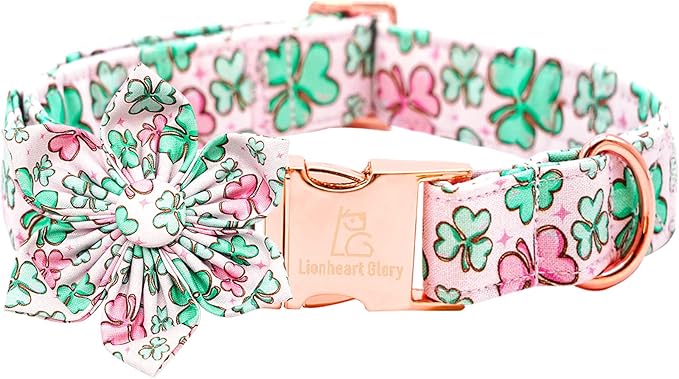 Lionheart glory St. Patrick's Day Dog Collar with Flower Dog Collars for Small Dogs, Heavy Duty Green Collars Lucky Clover Shamrock Dogs Collar Flower Puppy