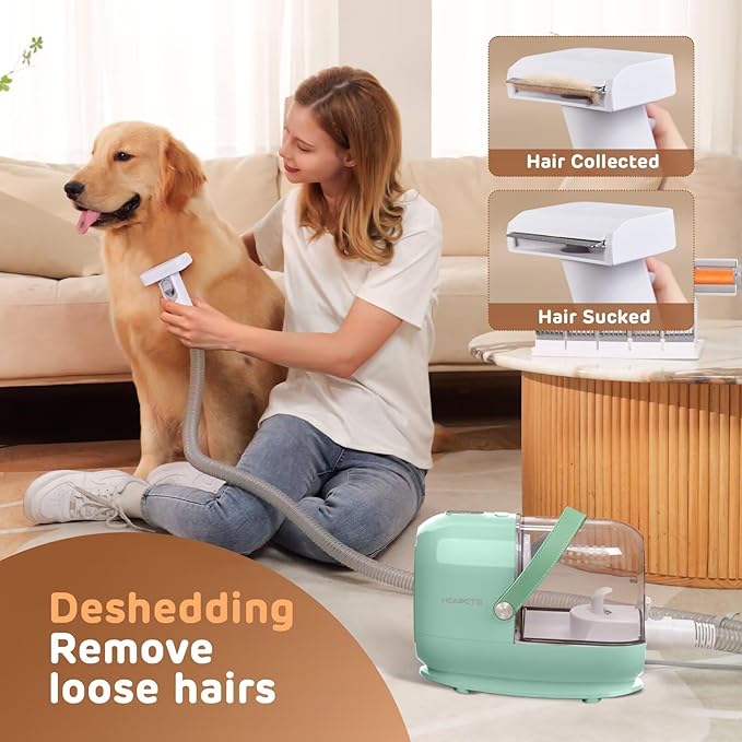 Dog Grooming Vacuum Kit - 3L Vacuum with 7 Tools, Low Noise Electric Clipper and Brush for Pet Shedding at Home, Green