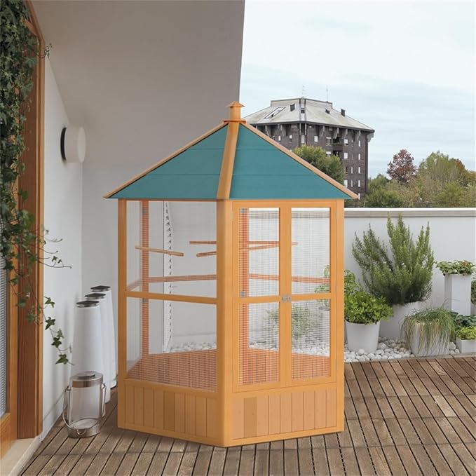 59" Large Wooden Hexagonal Outdoor Aviary Flight Bird Cage with Covered Roof, Green