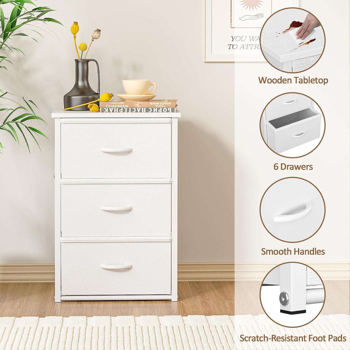 2-Pack Stackable Storage Drawers (6 Drawers Total), White Closet Drawers Organizer for Clothes with Wooden Top & Metal Frame, Freestanding or Stackable Dresser for Bedroom, Living Room, Under Bed