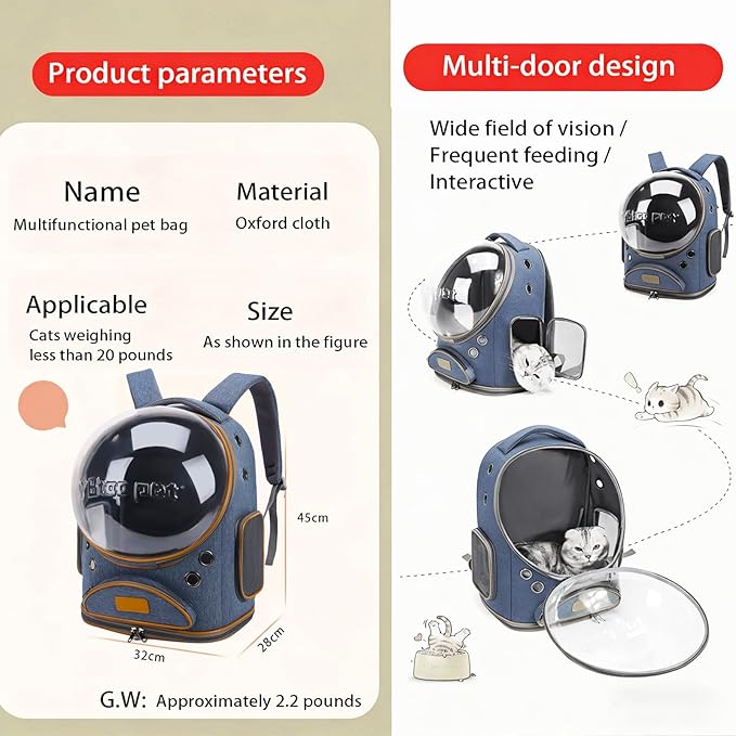 Cat Backpack Carrier, Breathable Pet Carrier Backpack Large Space Bubble for Small Dog and Large cat up to 18lbs, Transparent & Foldable Pet Carrier for Travel Hiking (Cowboy Blue)