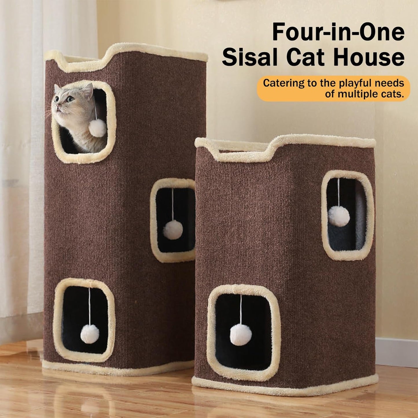 Empet Cat House for Indoor Cats Beds, Multi-Level Cat Condo, Foldable Cat Cave Coffee, 3L