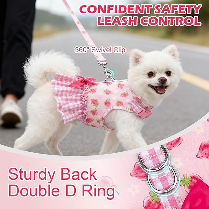 EXPAWLORER Dog Harness Small Medium Sized Dogs, Plaid Dog Dress Bowknot Harness and Leash Set, No Choke No Pull Soft Mesh Vest Cute Princess Puppy Outfits Clothes Costume for Girls Party Cats Pink XS