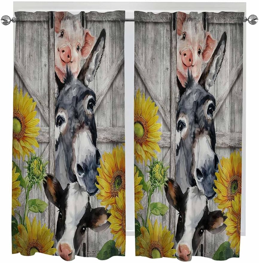 Farmhouse Living Room Curtains 72 Inches length, Vintage Sunflowers Animals