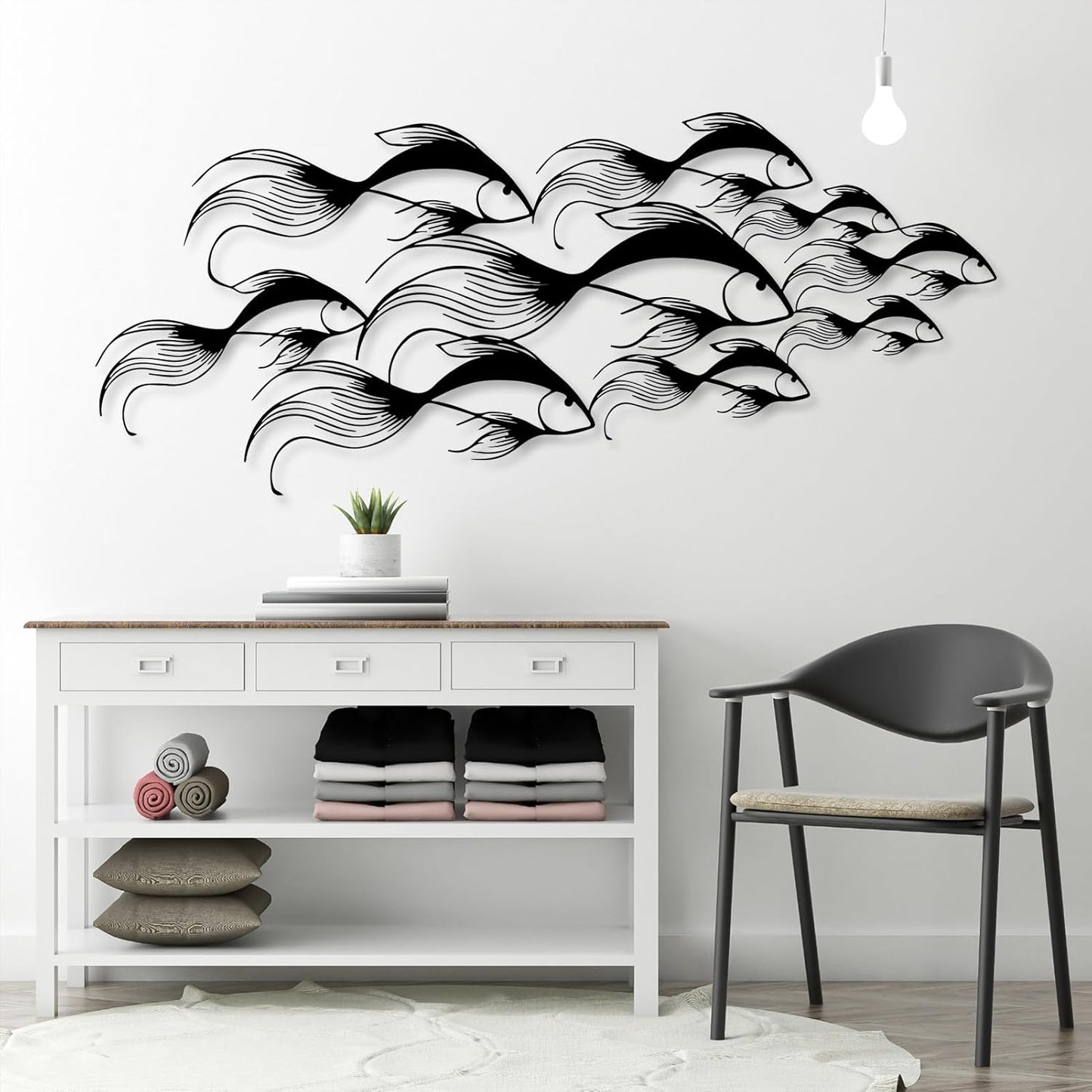 School of Fish Metal Wall Art, Metal Fish Wall Decor, Sea Life Wall Art, Large Nautical Wall Hanging, Modern Beach House Wall Decor, Ocean Themed Artwork for Bathroom (Silver, 30"x12" | 76x32cm)