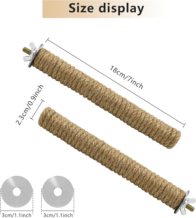 2PCS Bird Perch Parrot Stand Cage Accessories Natural Wooden Stick Paw Grinding Rope-surfaced Chew Toy Standing Rod for Exercise Training Branches (Rope-7x0.9in-2p)