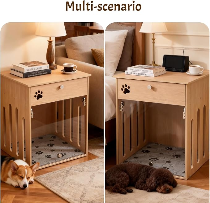 26 Inch Dog Crate Furniture for Small Dogs as Sofa Side Table with Flip-Up Acrylic Door, Storage Compartment & Charging Station