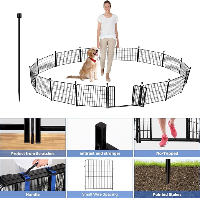 ADAVIN Garden Fence with Gate 32in(H) x 31 ft(L),14 Panels Black Heavy Duty Iron Metal Animal Barrier Fence, Indoor&Outdoor Dog Playpen, Camping Fence, No Dig Garden Border Fencing for Yard