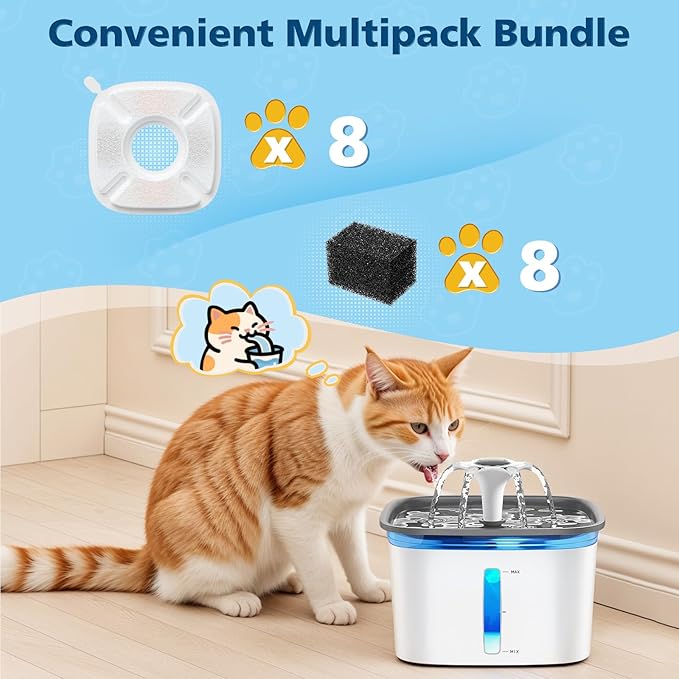 16 Pcs Cat Water Fountain Filters for Veken 95oz/2.8L, 67oz, 85oz, 135oz Dog Water Fountain Automatic Pet Fountain Dog Water Dispenser 8 Pcs Pet Fountain Filter Replacement & 8 Pcs Pre-Filter Sponges