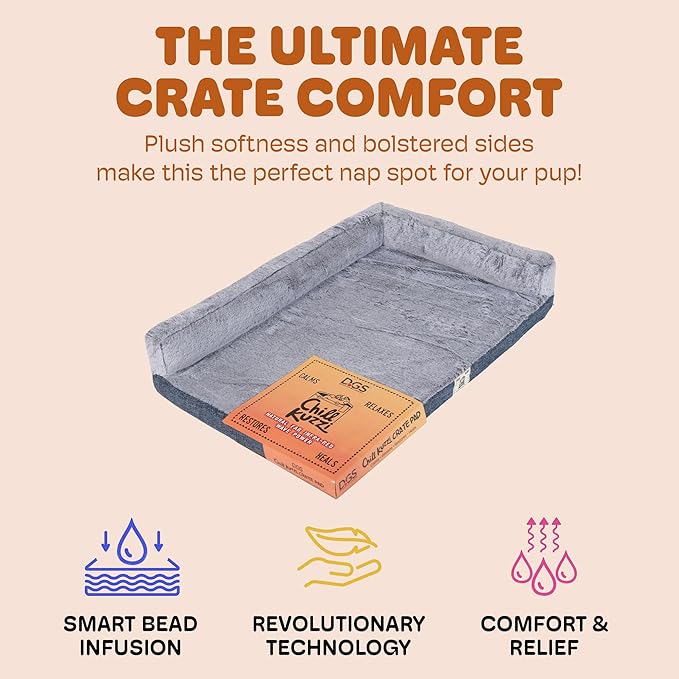 Dog Gone Smart Chill Kuzzi Dual Bolster Crate Pad - Washable Dog Bed Infused with Far Infrared Rays (FIR) Supportive Plush Cushion for Crates, Travel, and Recovery - Slate Blue, Medium 18 x 29 Inches