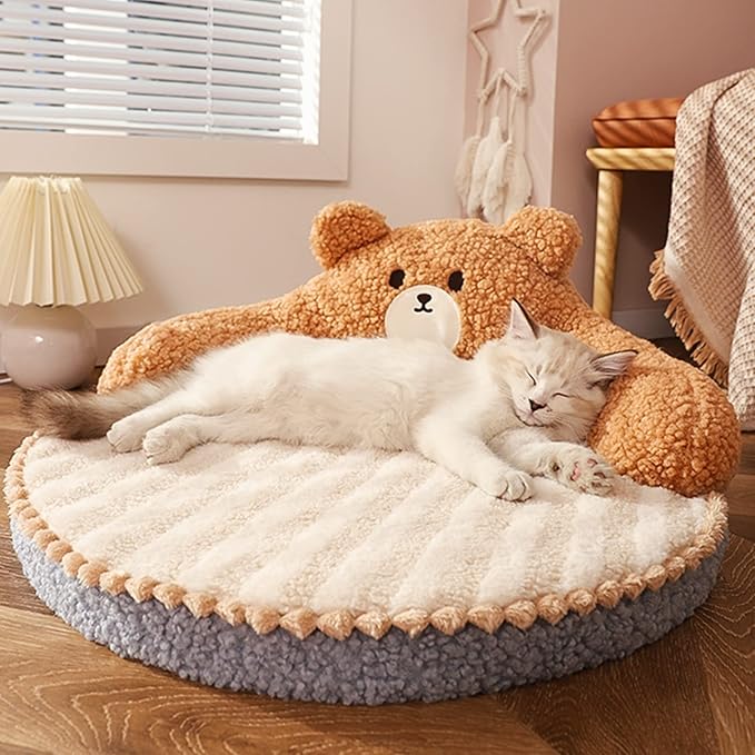 Cat Bed, Cute Bear Hug Design Dog Cat Beds Cuddler Bear Plush Pet Beds, Warm Soft Soothing High Backrest Dog Beds for Medium Small Dogs Puppy Kitty (Little Bear)