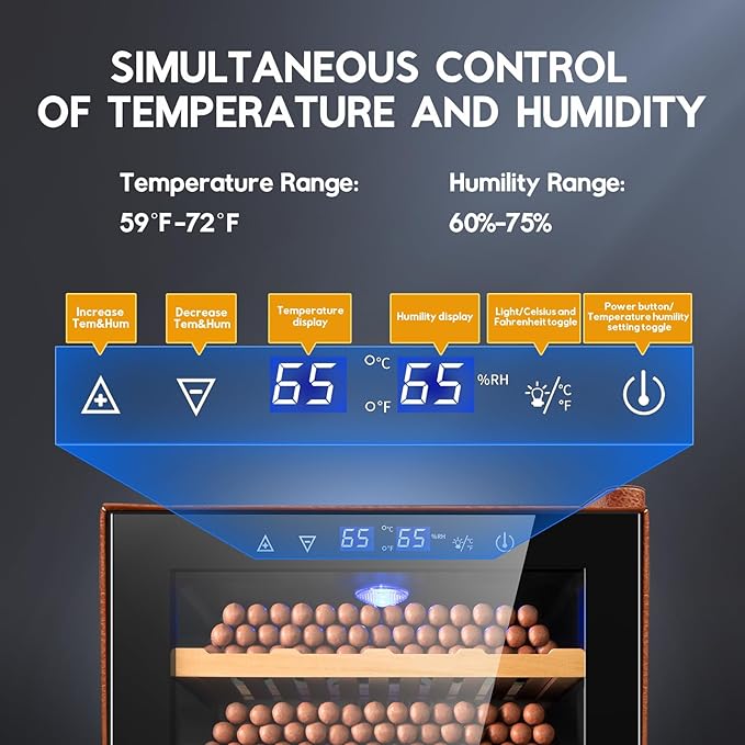 Tylza Leather Trim Cigar Humidor, 70L Cigar Humidor Cabinet with Auto Humidity & Temp Control, 550 Counts, 3 LED Lights, Spanish Cedar Wood, Cigar Humidors with Safety Lock, Gifts for Men