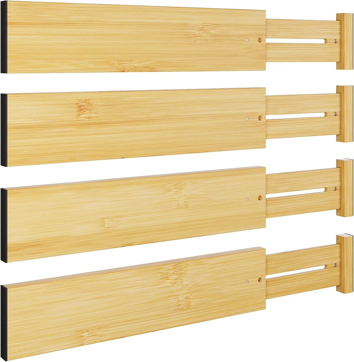 BAMEOS Bamboo Expandable Drawer Dividers – Fits 13.3"–19" Drawers, 3" Deep Walls, Set of 4 | Spring-Loaded Separator for Deep Kitchen & Bathroom Drawers, Prevents Items Falling Over