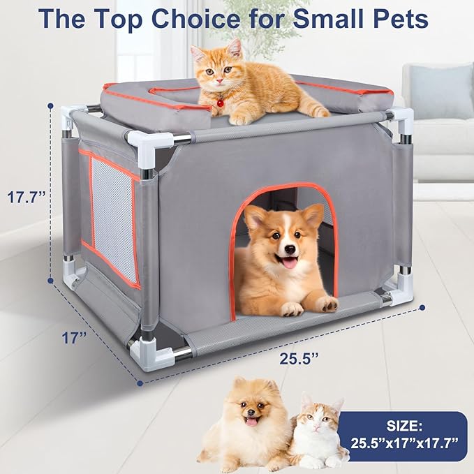 25.5"*17"*17.7" Bedside Dog Bed for Small-Medium Pet,Stainless Steel Frame & Oxford Fabric Dog Bunk Bed with Neck Pillow, Cat Bed Attachment to Human Bed, Elevated Pet Bed,Cat&Dog Perch, Lightweight