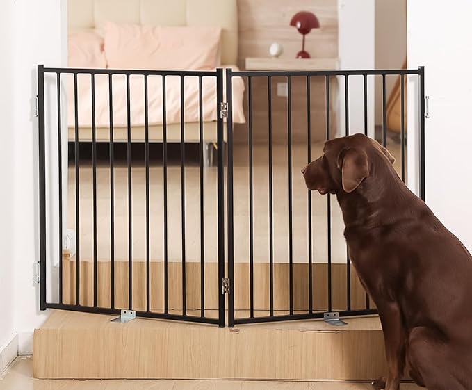 No Pawblems Free Standing Dog Gate with Door, 30'' Tall Foldable Dog Fence for Indoor & Outdoor, Up to 52 Inch Extra Wide Puppy Gate for Stairs, Hallways, Doorways, Deck, Yard (Black, 2 Panels)