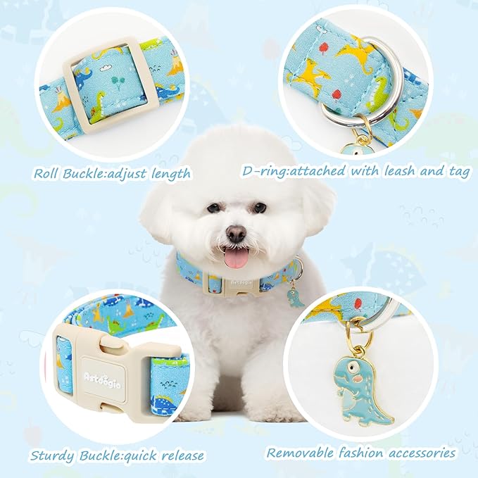 Dinosaur Dog Collar for Small Dogs, Cute Puppy Collars with Quick Release Buckle, Cotton Dog Collars for Small Medium Large Dogs, Fashion Pet Collar for Girl Boy Dog-S