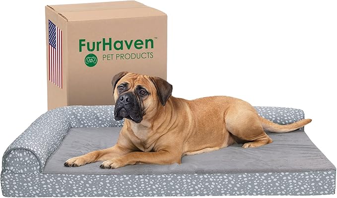 Furhaven Memory Foam Dog Bed for Large Dogs w/ Removable Bolsters & Washable Cover, For Dogs Up to 125 lbs - Plush & Almond Print L Shaped Chaise - Gray Almonds, Jumbo Plus/XXL